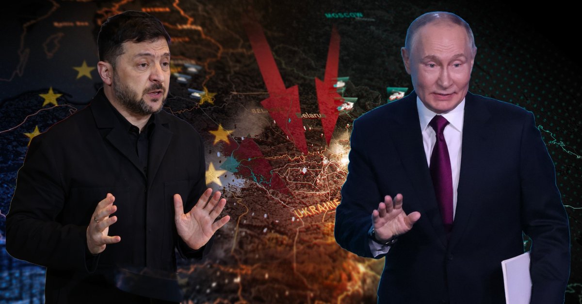 Po lewej prezydent Ukrainy Wołodymyr Zełenski w Berlinie, 15 grudnia 2025 r. Po prawej przywódca Rosji Władimir Putin w Moskwie, 19 listopada 2025 r. W tle grafika uwzględniająca mapę Ukrainy