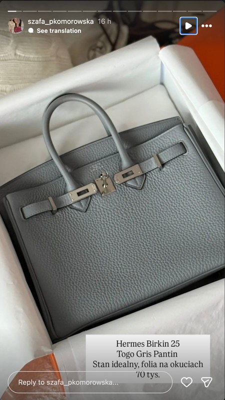 Torebka Hermes Birkin wystawiona na sprzedaż przez Patrycję Komorowską