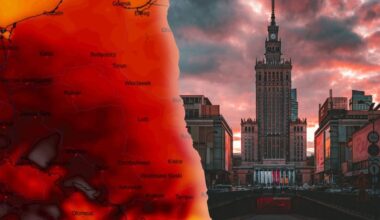 Mapa Polski z zaznaczonymi temperaturami, pokazująca ciepły front, połączona z widokiem na Pałac Kultury i Nauki w Warszawie nocą.