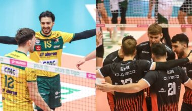 Dwie drużyny siatkarskie w akcji na boisku, obie w barwach klubowych, jedna żółto-zielona, druga czarno-czerwona, z siatką oddzielającą zawodników.