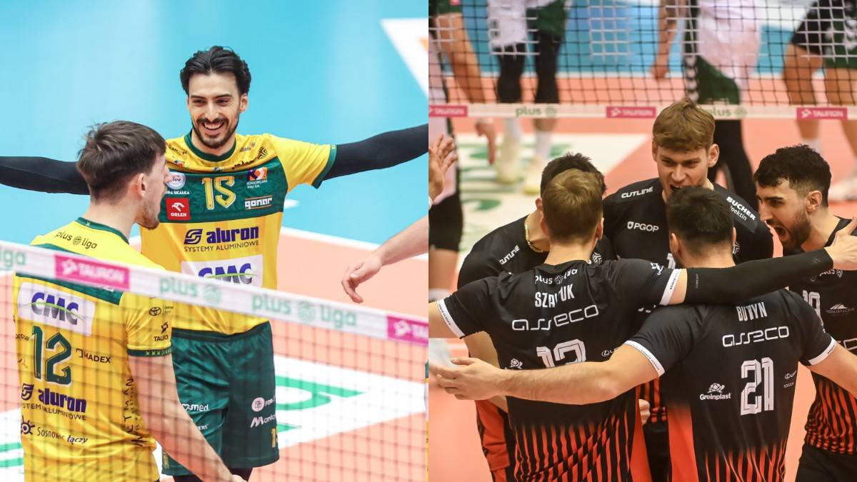 Dwie drużyny siatkarskie w akcji na boisku, obie w barwach klubowych, jedna żółto-zielona, druga czarno-czerwona, z siatką oddzielającą zawodników.