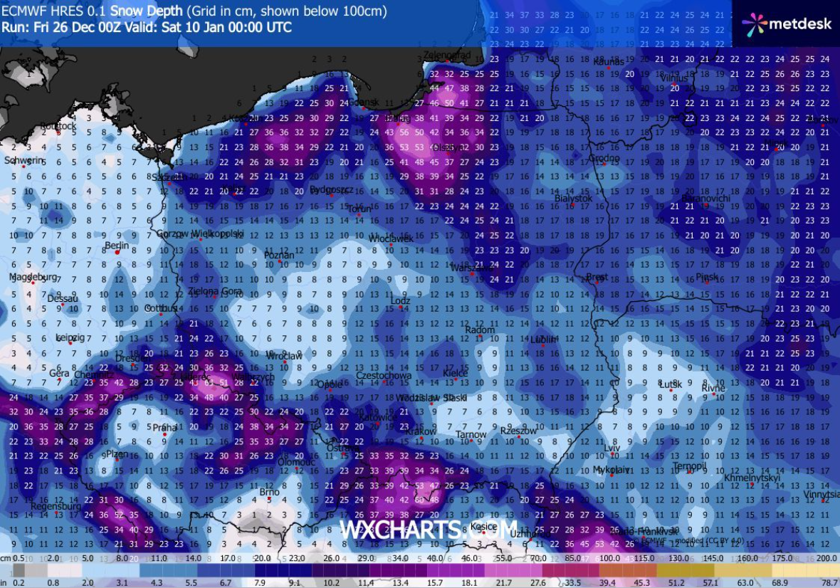 Pokrywa śnieżna 9 stycznia (wxcharts.com)