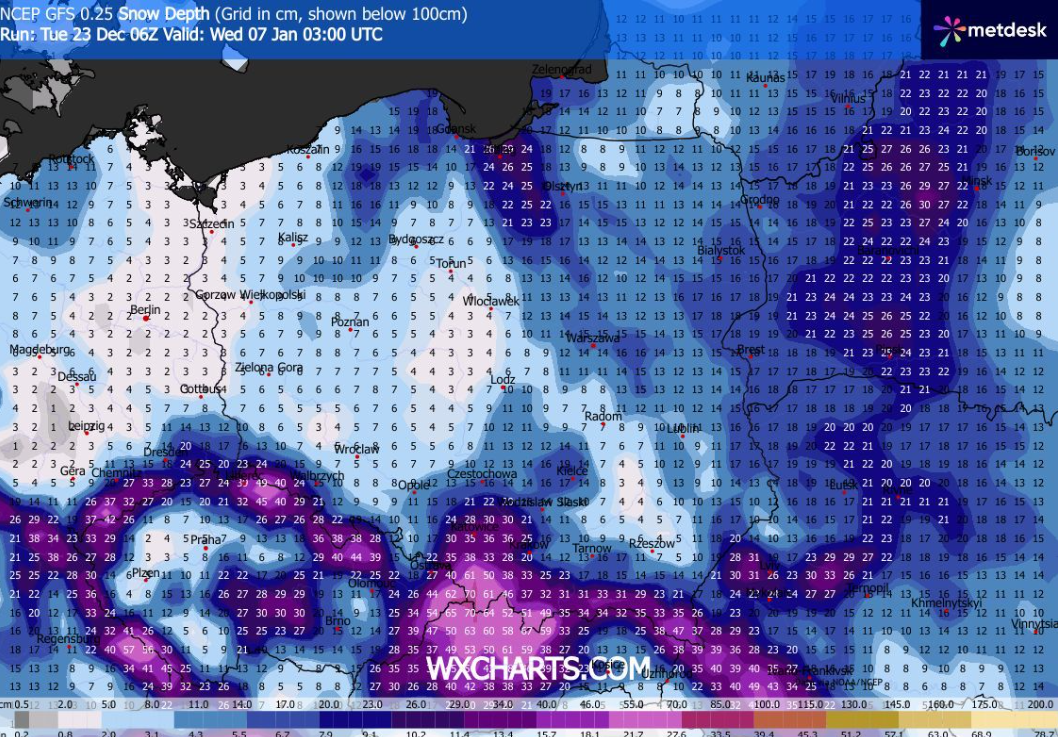 Grubość pokrywy śnieżnej 7 stycznia (wxcharts.com)