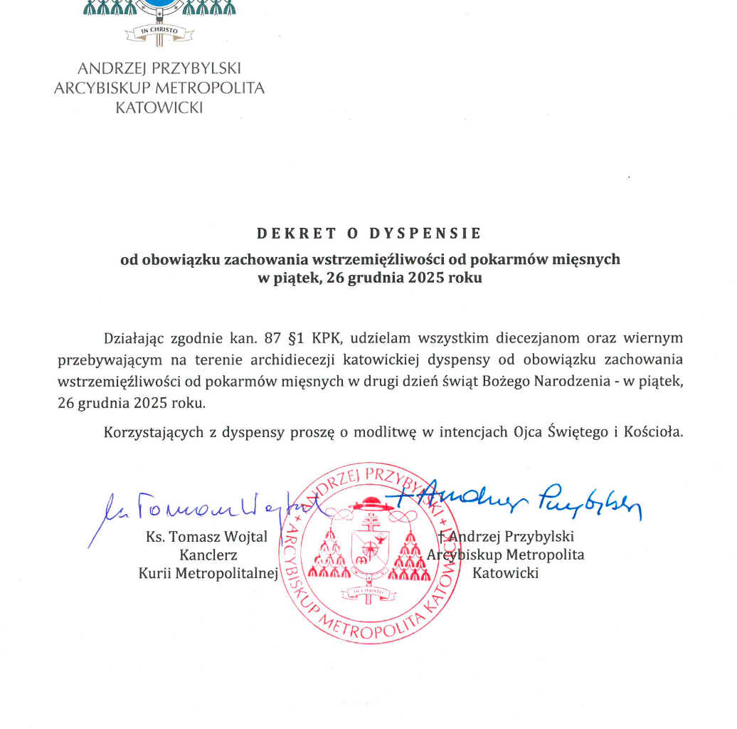 Archidiecezja Katowicka - Dyspensa w piątek 26 grudnia