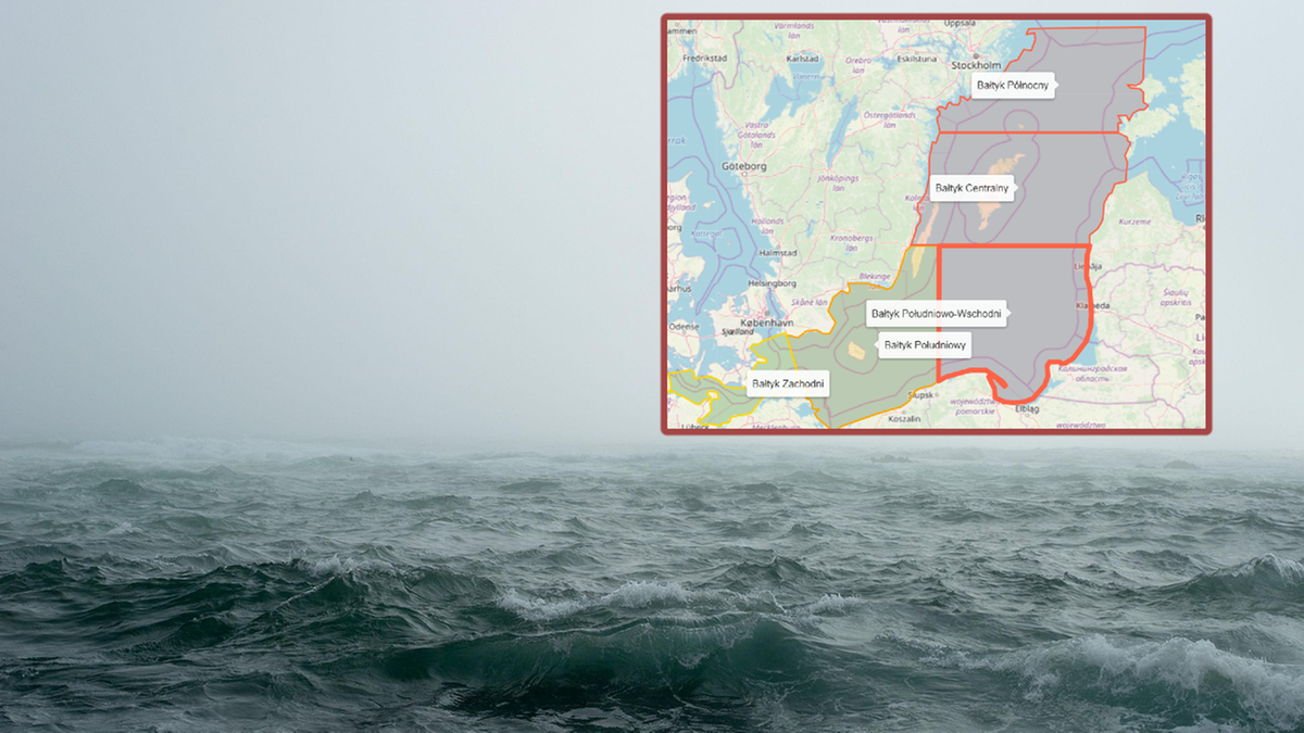 Mapa z zaznaczonymi obszarami ostrzeżeń hydrologicznych i meteorologicznych na Pomorzu.