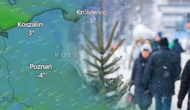 Mapa pogody z zaznaczonymi temperaturami w Polsce, z widocznymi opadami śniegu i sylwetkami ludzi na zaśnieżonej ulicy w tle.