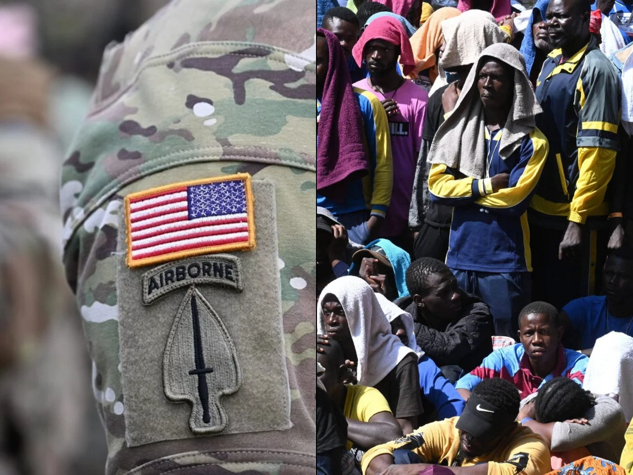 Żołnierz z naszywką z flagą USA. Nielegalni imigranci w Europie