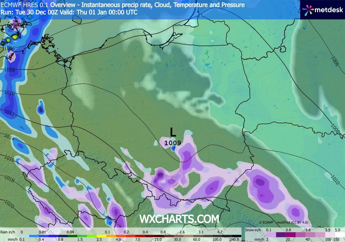W noc sylwestrową na południu i zachodzie spadnie śnieg