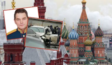 Gen. Fanił Sarwarow i samochód, który eksplodował w zamachu, w tle Moskwa