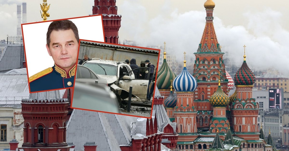 Gen. Fanił Sarwarow i samochód, który eksplodował w zamachu, w tle Moskwa