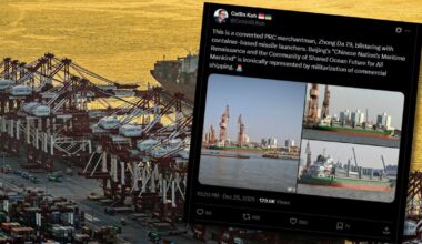 Na głównym zdjęciu terminal kontenerowy Qianwan w porcie Qingdao w Chinach, 27 sierpnia 2025 r. Z prawej zrzut ekranu przedstawiający uzbrojony kontenerowiec Zhong Da 79