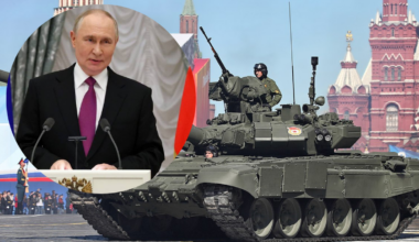 Fragmentaryczny portret Władimira Putina na tle fragmentu czołgu T-90.