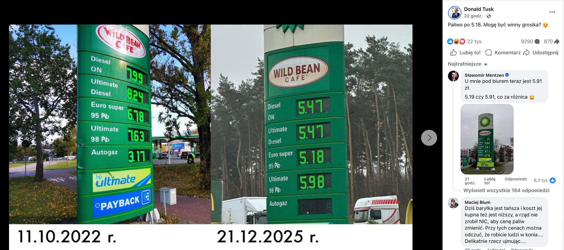 Paliwo za niespełna 8 zł za czasów rządu premiera Morawieckiego i po 5,18 zł za litr po dwóch latach rządów Donalda Tuska.