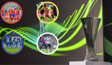 Grafika przedstawiająca puchar Ligi Konferencji Europy na tle zielonych fal, z czterema małymi zdjęciami polskich drużyn piłkarskich w okręgach.