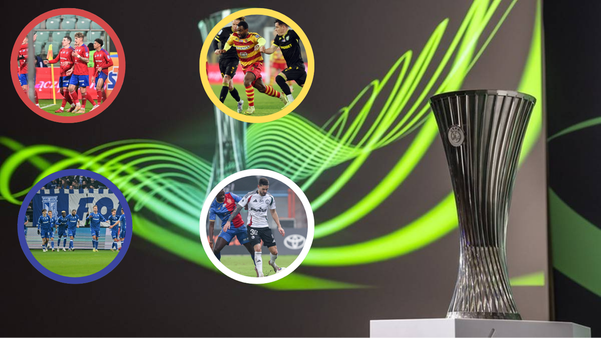 Grafika przedstawiająca puchar Ligi Konferencji Europy na tle zielonych fal, z czterema małymi zdjęciami polskich drużyn piłkarskich w okręgach.