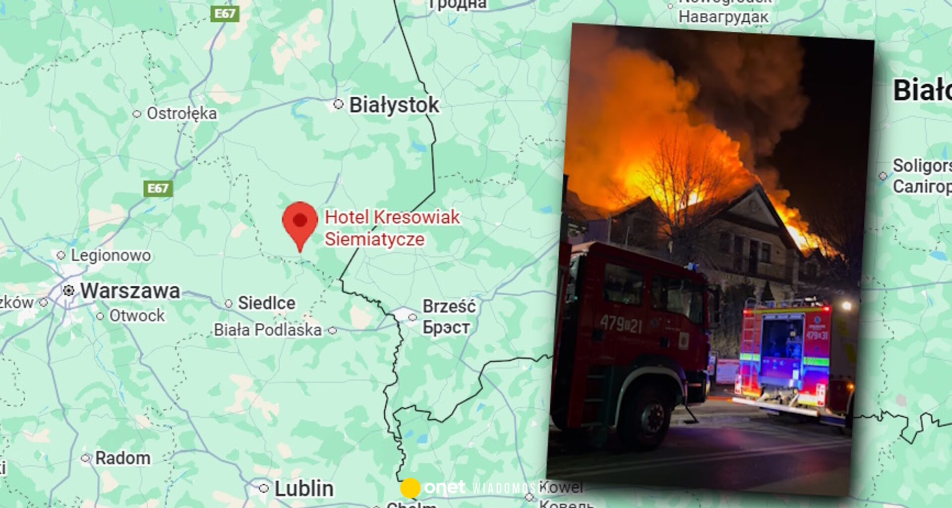 Nocny pożar hotelu w Siemiatyczach. Płomienie było widać z daleka [WIDEO]