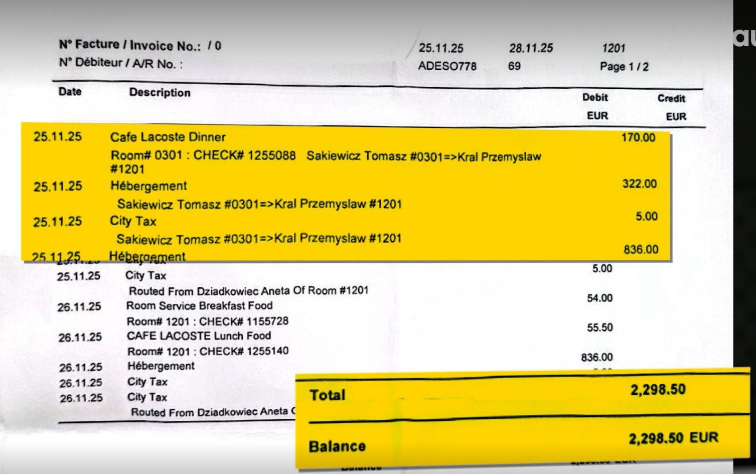 Faktura z rachunku hotelowego (screen z podcastu "Stan Wyjątkowy")