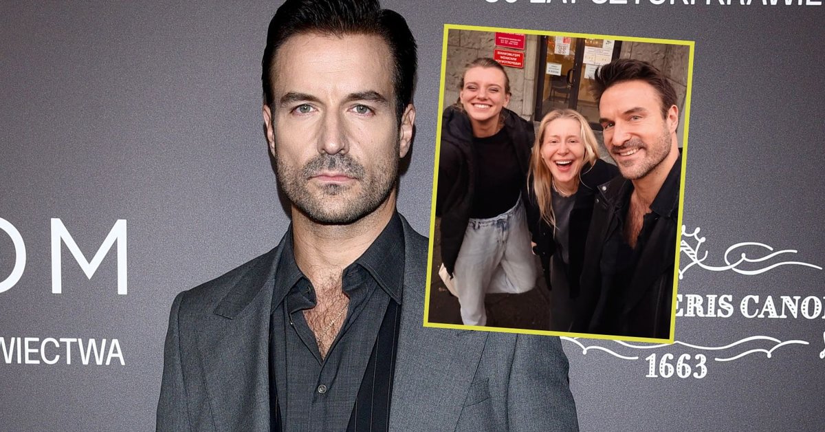 Uśmiechnięty Piotr Stramowski pozuje z partnerką i Katarzyną Warnke. Ma pewną refleksję