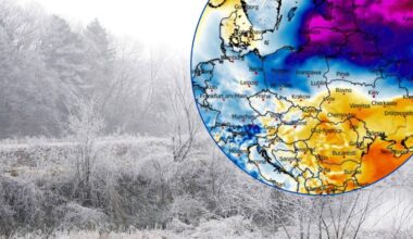 Mapa Europy z zaznaczonymi temperaturami i zimowy krajobraz z drzewami pokrytymi szronem.