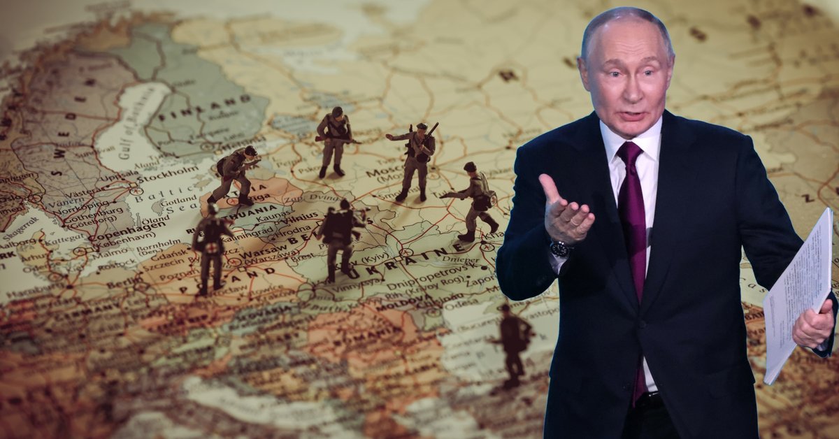 Prezydent Rosji Władimir Putin w Moskwie w 19 listopada 2025 r. W tle grafika uwzględniająca mapę Europy