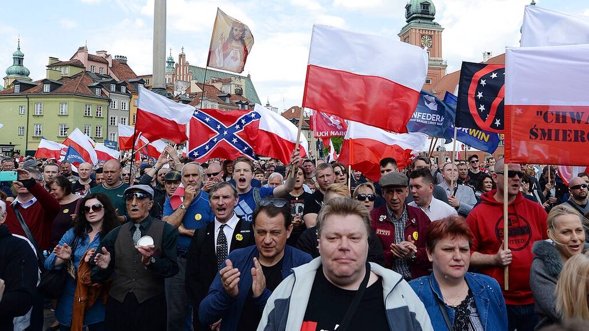 Tłum ludzi na ulicy trzymających transparenty z hasłami antyunijnymi i flagi Polski. W tle widoczne budynki i pomnik.