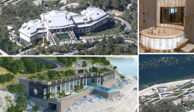 Kolaż zdjęć przedstawiający luksusową rezydencję nad morzem, wnętrza z marmurową łazienką oraz widok z lotu ptaka na posiadłość.