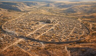 Hiperrealistyczna rekonstrukcja 3D przedstawiająca miasto siedmiu wąwozów na kazachstańskim stepie — starożytną osadę Semiyarka odkrytą podczas najnowszych odkryć w Kazachstanie, z widocznym układem ulic i monumentalnymi budowlami sprzed 3600 lat.