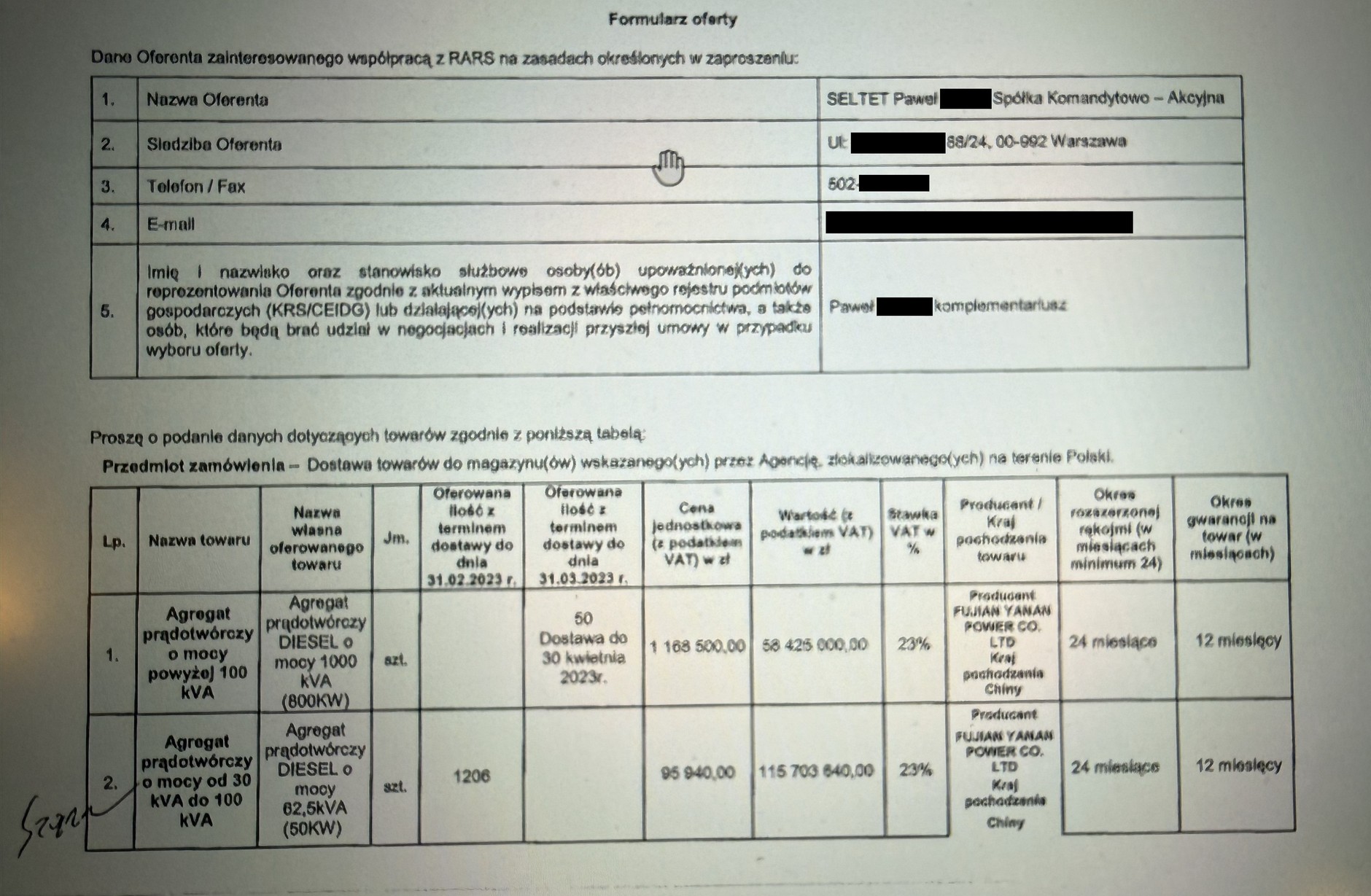 Formularz jednej z ofert spółki Seltet na agregaty prądotwórcze dla RARS 