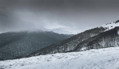 Zasypane śniegiem wzg&oacute;rza i g&oacute;ry z mgłą unoszącą się nad szczytami.