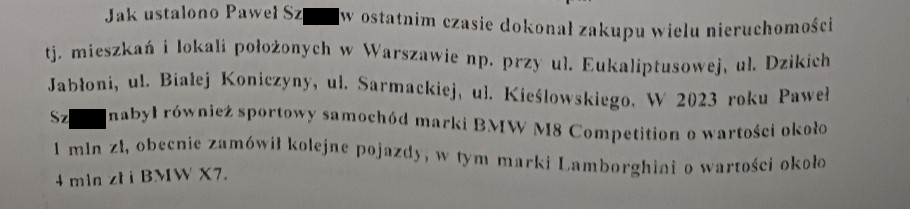 Fragment analizy z operacji CBA o krypt. "Walet" o zamówionym przez Pawła Sz. samochodzie Lamborghini 