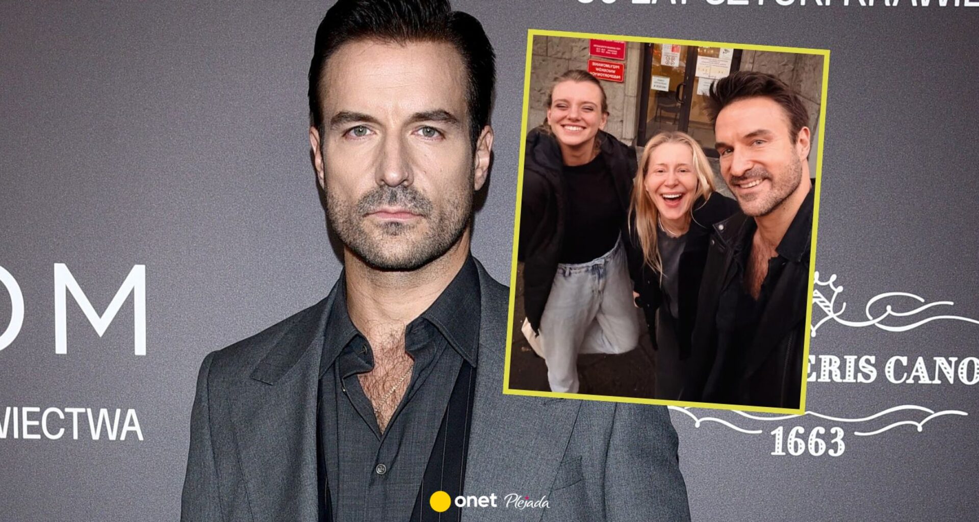 Uśmiechnięty Piotr Stramowski pozuje z partnerką i Katarzyną Warnke. Ma pewną refleksję