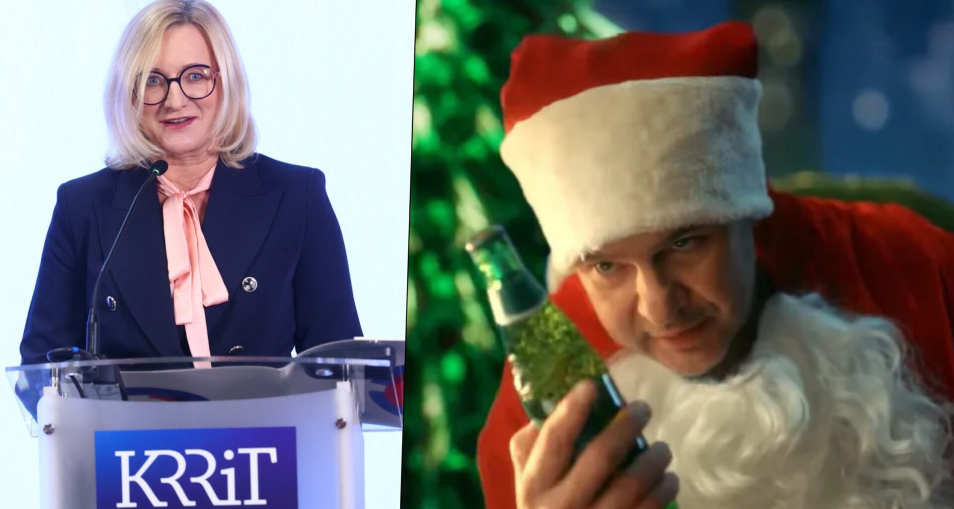 Od lewej: Agnieszka Glapiak, przewodnicząca KRRiT; kadr z wywołującej kontrowersje reklamy