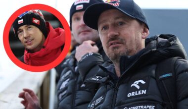 Adam Małysz, prezes PZN, w czapce z daszkiem i kurtce z logo PZN, patrzy w obiektyw. W lewym górnym rogu znajduje się okrągłe zdjęcie przedstawiające skoczka narciarskiego w czerwonej bluzie i czapce.