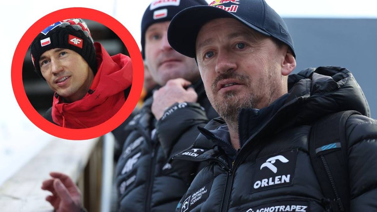 Adam Małysz, prezes PZN, w czapce z daszkiem i kurtce z logo PZN, patrzy w obiektyw. W lewym górnym rogu znajduje się okrągłe zdjęcie przedstawiające skoczka narciarskiego w czerwonej bluzie i czapce.