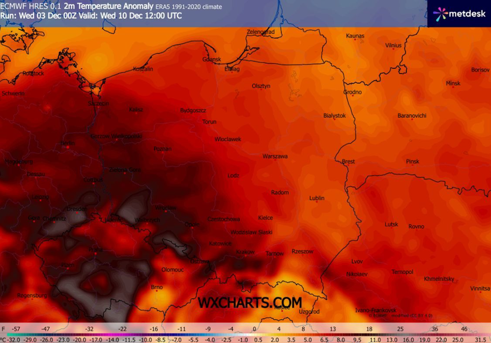 W środę anomalia temperatur najwyższa będzie na południowym zachodzie kraju