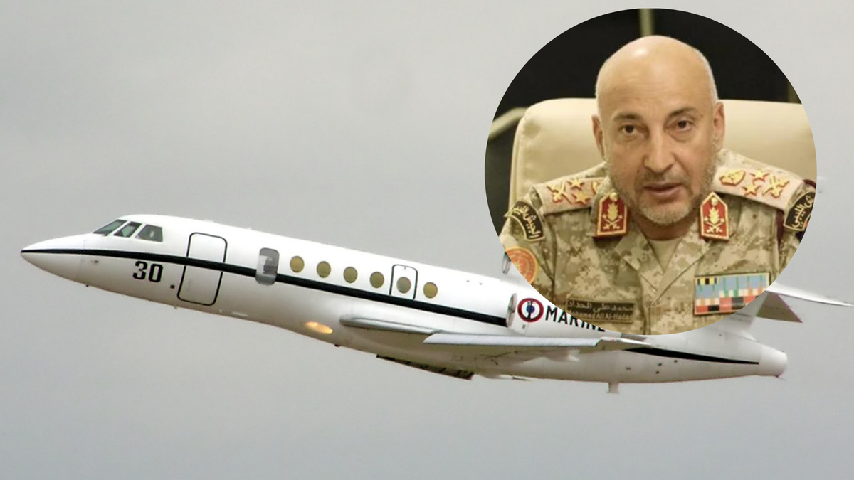 Prywatny odrzutowiec Gulfstream III w locie oraz zbliżenie na zdjęcie generała Mohammeda Ali Ahmeda Al-Haddada.