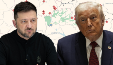 Portret Wołodymyra Zełenskiego obok portretu Donalda Trumpa na tle mapy Ukrainy z zaznaczonymi punktami.