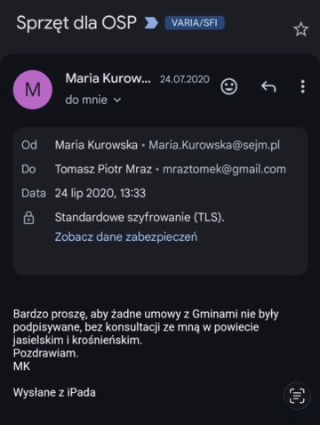 Zrzut ekranu z e-mailu Marii Kurowskiej do Tomasza Mraza