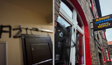 Zdewastowane biuro europosła Łukasza Kohuta z namalowanymi swastykami i obraźliwymi napisami.