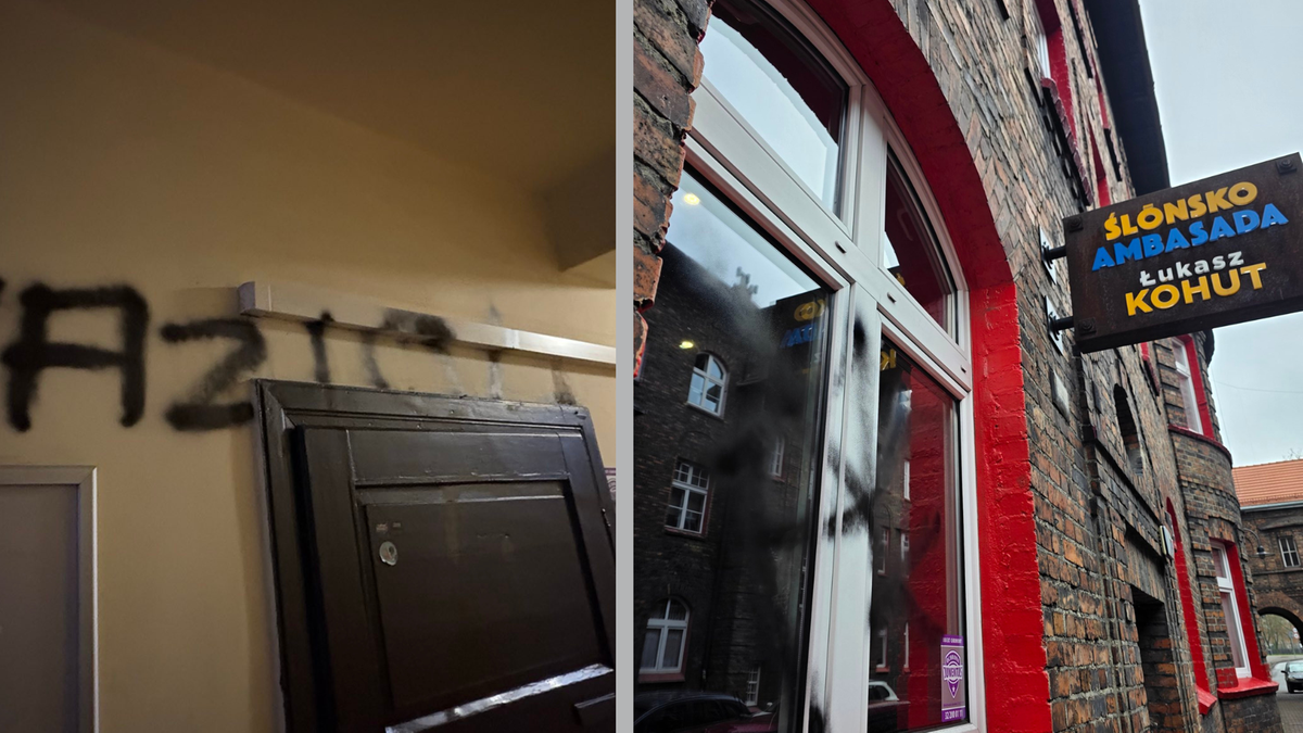 Zdewastowane biuro europosła Łukasza Kohuta z namalowanymi swastykami i obraźliwymi napisami.