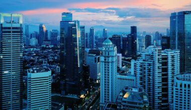 Panorama nowoczesnego miasta z wysokimi drapaczami chmur o zachodzie słońca.