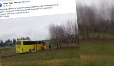 Wypadek autokaru w Rzeszowie. Przejechał przez rondo i wypadł z drogi. 10 osób rannych