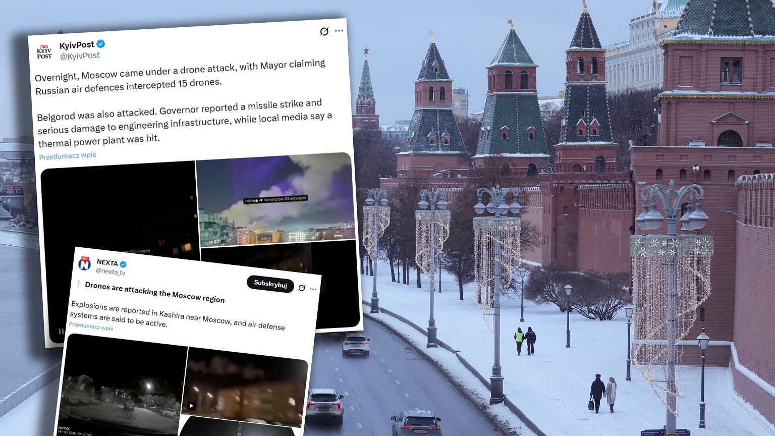 Nocne ataki dronów pod Moskwą. Do sieci trafiły nagrania eksplozji