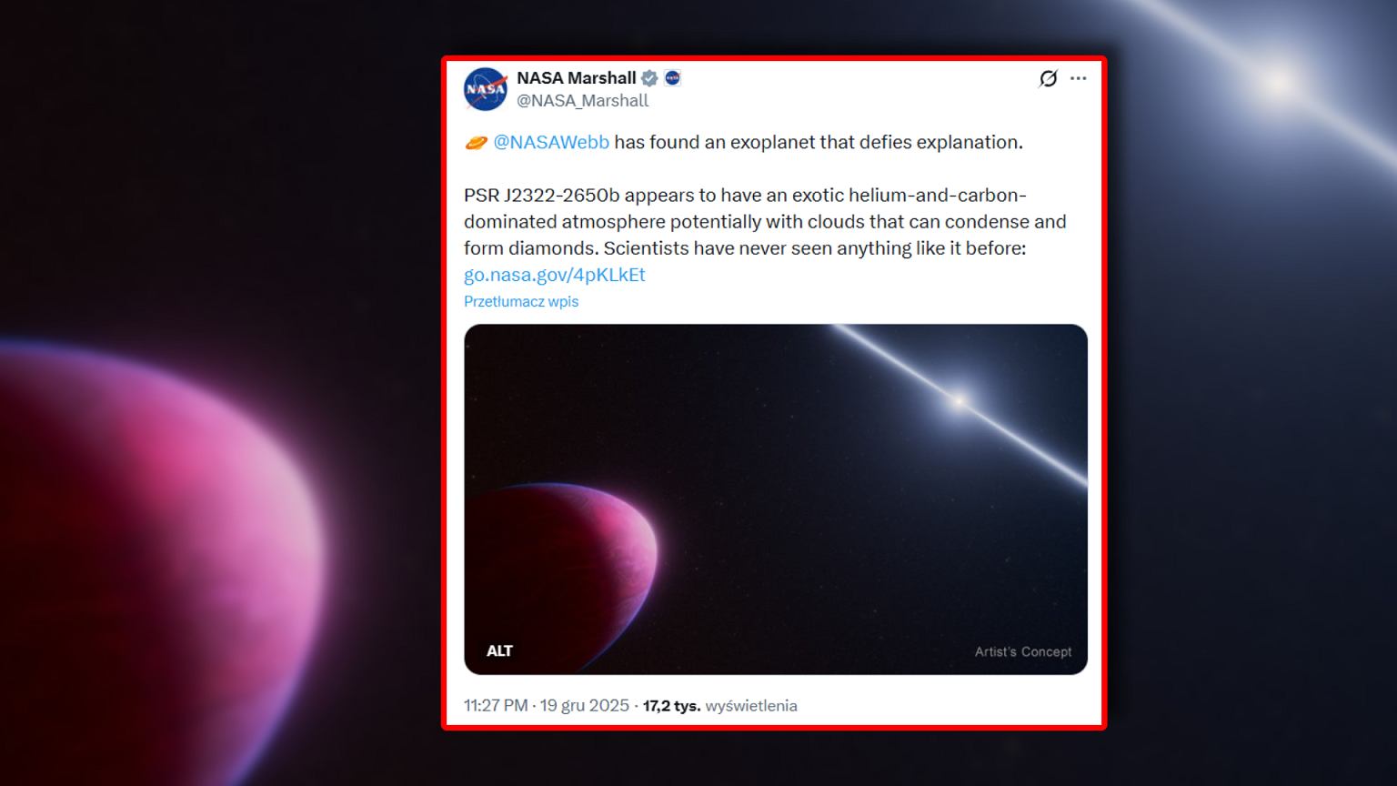 NASA, nowa planeta. Egzoplaneta PSR J2322-2650b odkryta przez Kosmiczny Teleskop Jamesa Webba