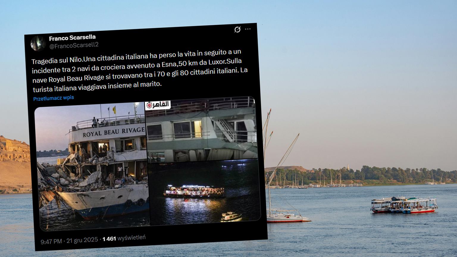 Na co uważać w Egipcie? Miał wykonać nagły manewr. Uderzył w inny statek. Jedna osoba nie żyje