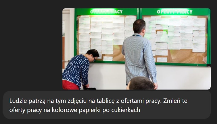 Prompt: Ludzie patrzą na tym zdjęciu na tablicę z ofertami pracy. Zmień te oferty pracy na kolorowe papierki po cukierkach