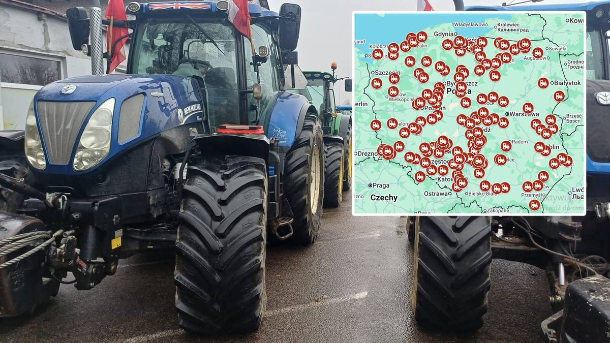 Traktory rolnicze zaparkowane na tle mapy Polski z zaznaczonymi punktami protest&oacute;w.