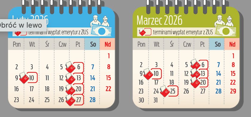 Terminy wypłat emerytur w lutym i w marcu.