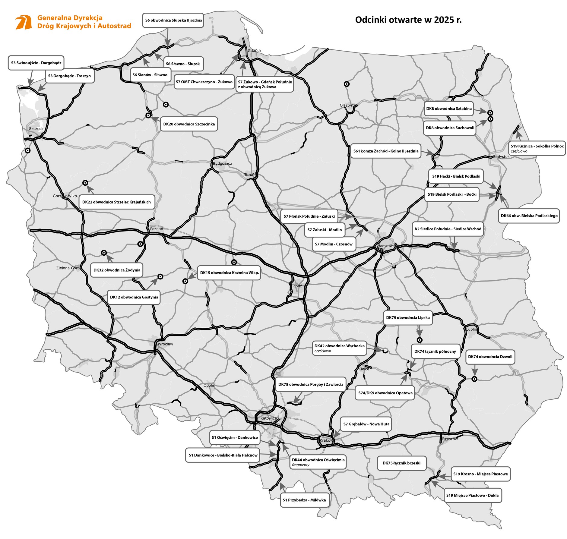 Nowe drogi 2025 r. - mapa