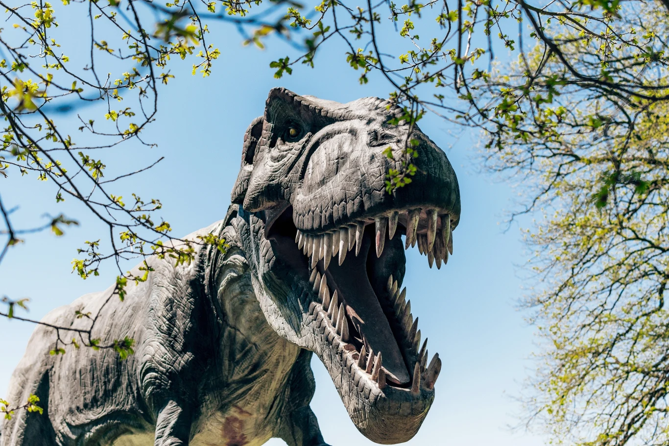 Ogromny dinozaur z rozdziawioną paszczą i ostrymi zębami stoi w otoczeniu zielonych gałęzi na tle niebieskiego nieba.